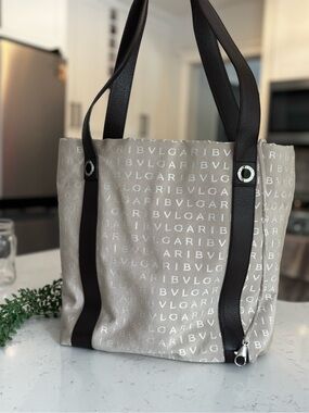 Bulgari Taupe Signature Canvas Tote with Dark Brown Straps